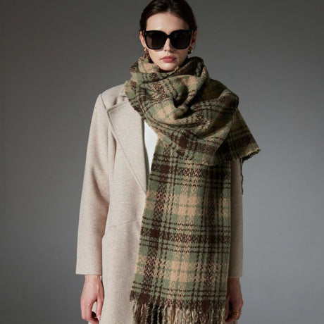 Striped Wool-Blend Beanie & Plaid Fringed Scarf Set — Soft Knit Hat (36 x 26 cm) and Oversized Shawl (200 x 65 cm); A Must-Have for Christmas and Cold Weather