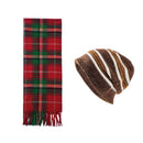 Brown + Red Striped Wool-Blend Beanie & Plaid Fringed Scarf Set — Soft Knit Hat (36 x 26 cm) and Oversized Shawl (200 x 65 cm); A Must-Have for Christmas and Cold Weather