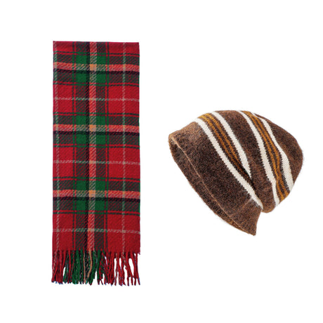 Brown + Red Striped Wool-Blend Beanie & Plaid Fringed Scarf Set — Soft Knit Hat (36 x 26 cm) and Oversized Shawl (200 x 65 cm); A Must-Have for Christmas and Cold Weather