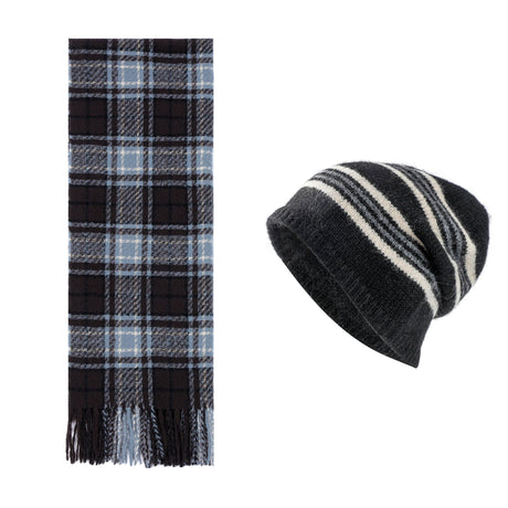 Black + Blue Striped Wool-Blend Beanie & Plaid Fringed Scarf Set — Soft Knit Hat (36 x 26 cm) and Oversized Shawl (200 x 65 cm); A Must-Have for Christmas and Cold Weather