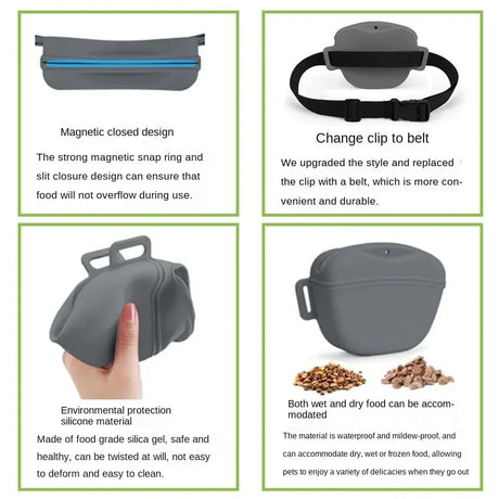 Gray Silicone Dog Training Treat Pouch with Adjustable Waist Belt Hands-Free Pet Reward Bag for Outdoor Walks