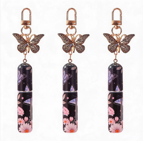 3 Pack Black 5ml Portable Perfume Atomizer Keychain Butterfly Charm Floral Refillable Travel Spray Bottle Set - Same Design
