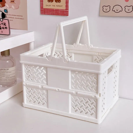 White Foldable Storage Basket with Handles - Portable Multi Purpose Desktop Organiser Crate for Snacks, Kitchen Storage, Books and Household Essentials