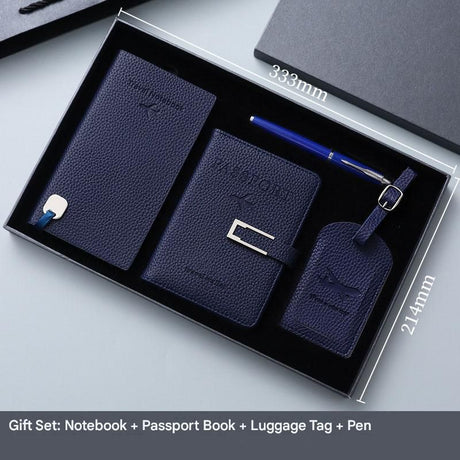 Dark Blue Travel Passport Holder and Notebook Gift Set with Luggage Tag & Metal Pen Business Travel Gift Box