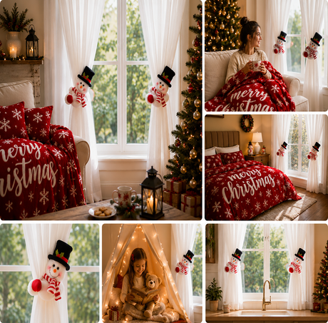 Christmas Flannel Throw Blanket and Snowman Curtain Tieback Set, 150*130cm Thick Fleece Sofa Blanket with 2 Plush Snowman Velcro Curtain Holders for Holiday Home Decor