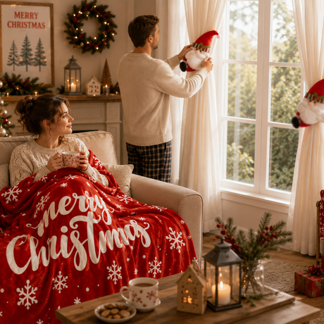 Christmas Flannel Throw Blanket and Santa Curtain Tieback Set, 150*130cm Thick Fleece Sofa Blanket with 2 Plush Santa Velcro Curtain Holders for Holiday Home Decor