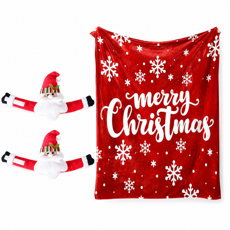 Christmas Flannel Throw Blanket and Santa Curtain Tieback Set, 150*130cm Thick Fleece Sofa Blanket with 2 Plush Santa Velcro Curtain Holders for Holiday Home Decor