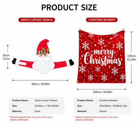 Christmas Flannel Throw Blanket and Santa Curtain Tieback Set, 150*130cm Thick Fleece Sofa Blanket with 2 Plush Santa Velcro Curtain Holders for Holiday Home Decor