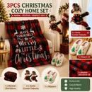 Christmas Home Comfort Set with Flannel Throw Blanket 130x150cm, Plush Indoor Slippers AU 4-5 and Snowman Curtain Tiebacks Set of 2, Festive Holiday Gift Bundle