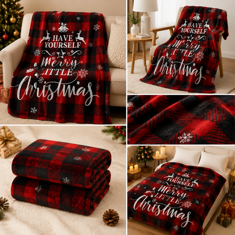 Christmas Home Comfort Set with Flannel Throw Blanket 130x150cm, Plush Indoor Slippers AU 4-5 and Snowman Curtain Tiebacks Set of 2, Festive Holiday Gift Bundle