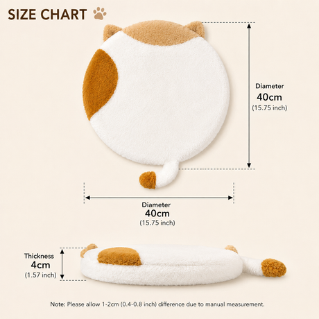 40cm Round Cat-Themed Seat Cushion (White Cat with Black Tail) — Slow-Rebound Memory Foam, Soft Plush, Washable — Ideal for Office Chairs, Bedrooms, Dorms, and Reading Nooks