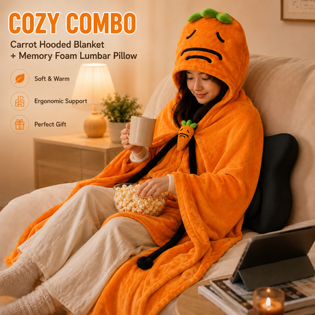 Carrot Hooded Blanket with Black Memory Foam Lumbar Support Pillow, Cozy Wearable Throw Blanket and Ergonomic Back Cushion Set for Office, Home, Study and Relaxation