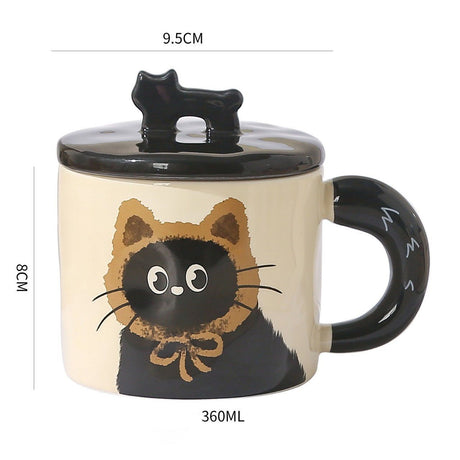 Yellow Cute Cat Ceramic Mug with Lid 360ml, Kawaii Coffee Cup Gift Set for Home Office Tea Cocoa and Hot Drinks