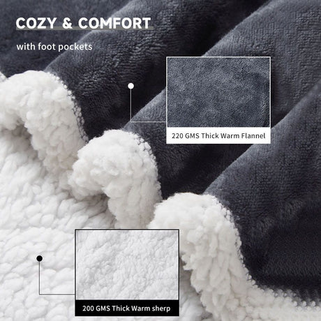 Wearable Electric Heated Blanket with Foot Pocket 127x177cm and Suede Fleece Slippers Set AU 5-6, Winter Warm Home Comfort Bundle