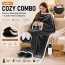 Wearable Electric Heated Blanket with Foot Pocket 127x177cm and Suede Fleece Slippers Set AU 11-12, Winter Warm Home Comfort Bundle