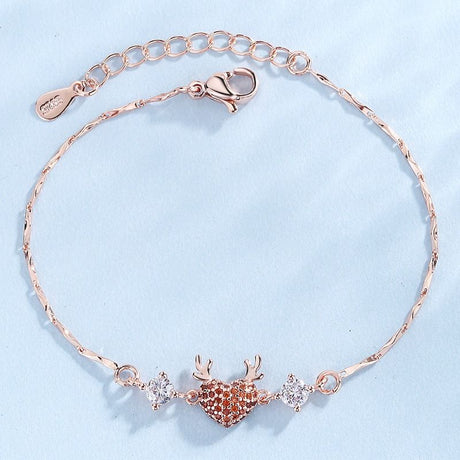 Rose Gold Reindeer Heart Bracelet for Women, Christmas Deer Antler Charm Jewellery, Adjustable Festive Gift Bracelet