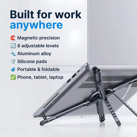 Gray Foldable Magnetic Phone & Tablet Stand Aluminium Alloy Laptop Holder Adjustable Desktop Stand for Mobile Phone, Tablet and Notebook