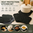 Black Heat Resistant Oven Mitts Set 1 Pair and 4 Pot Holders Quilted Cotton Kitchen Heat Protection Gloves and Pads Silver Coated Non Slip Baking Cooking Kitchen Accessories