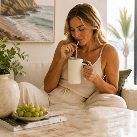 White Self Stirring Coffee Mug Electric Temperature Display Cup 14.4cm (5.67in) Stainless Steel Insulated Travel Mug with 3-Piece Stainless Steel Straw Set for Coffee Milk Protein Shakes