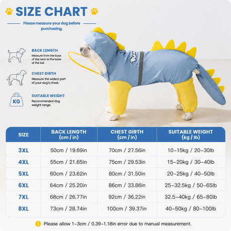 Blue Dog Raincoat Dinosaur Hooded Waterproof Jacket 3XL Size with Leash Hole Removable Tail Cover Full Body Coverage Pet Rain Coat for Outdoor Walking Large Dogs