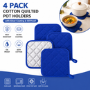 4 Pack Heat Resistant Pot Holders - Blue Cotton Silver Coated Quilted Kitchen Heat Pads Non Slip Oven Mats 18x18cm Baking Cooking Microwave Use Durable Thermal Protection