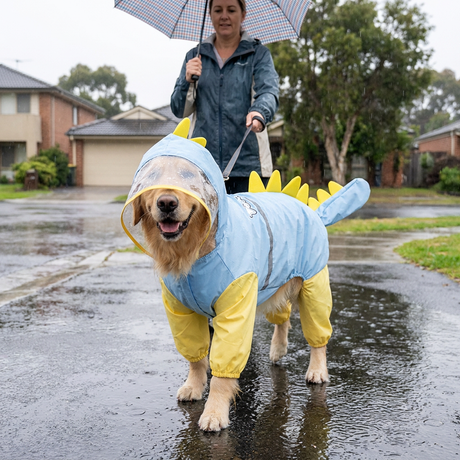 Blue Dog Raincoat Dinosaur Hooded Waterproof Jacket 6XL Size with Leash Hole Removable Tail Cover Full Body Coverage Pet Rain Coat for Outdoor Walking Large Dogs