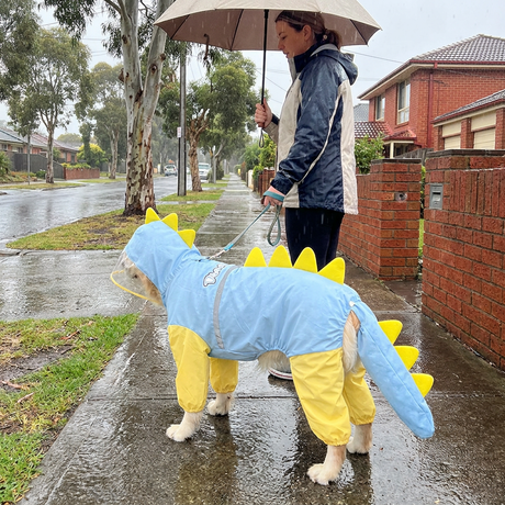 Blue Dog Raincoat Dinosaur Hooded Waterproof Jacket 7XL Size with Leash Hole Removable Tail Cover Full Body Coverage Pet Rain Coat for Outdoor Walking Large Dogs