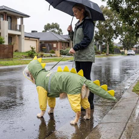 Green Dog Raincoat Dinosaur Hooded Waterproof Jacket 4XL Size with Leash Hole Removable Tail Cover Full Body Coverage Pet Rain Coat for Outdoor Walking Large Dogs