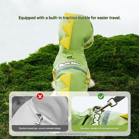 Green Size L Waterproof Dinosaur Dog Raincoat with Harness Hole Full Body Pet Rain Jacket for Small Dogs Tail Cover Lightweight Outdoor Walking