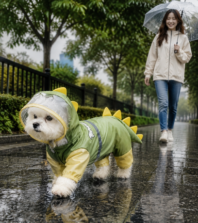 Green Size XL Waterproof Dinosaur Dog Raincoat with Harness Hole Full Body Pet Rain Jacket for Small Dogs Tail Cover Lightweight Outdoor Walking
