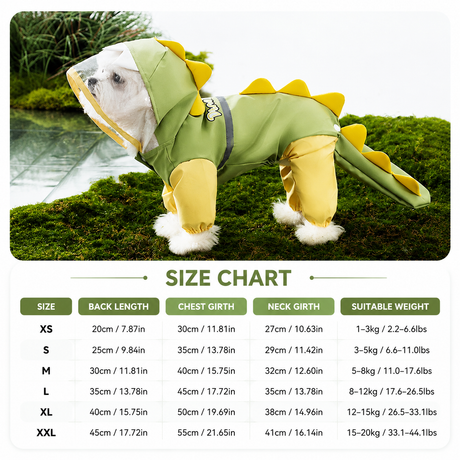Green Size 2XL Waterproof Dinosaur Dog Raincoat with Harness Hole Full Body Pet Rain Jacket for Small Dogs Tail Cover Lightweight Outdoor Walking