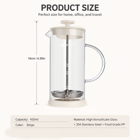 Manual Milk Frother Glass Mug 450ml Hand Press Coffee Foamer Stainless Steel Filter Barista Style Milk Foam Maker for Home Coffee Latte Cappuccino