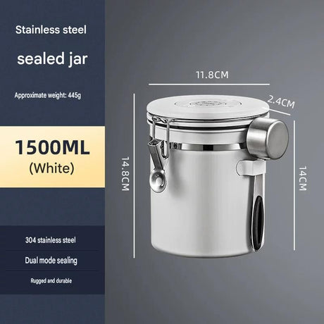 White 304 Stainless Steel Airtight Coffee Canister 1500ml Vacuum Seal Storage Jar with Date Tracker & Measuring Scoop for Coffee Beans Tea Storage