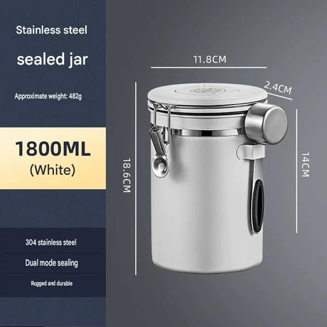 White 304 Stainless Steel Airtight Coffee Canister 1800ml Vacuum Seal Storage Jar with Date Tracker & Measuring Scoop for Coffee Beans Tea Storage