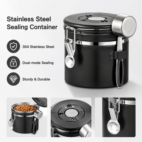 White 304 Stainless Steel Airtight Coffee Canister 1200ml Vacuum Seal Storage Jar with Date Tracker & Measuring Scoop for Coffee Beans Tea Storage