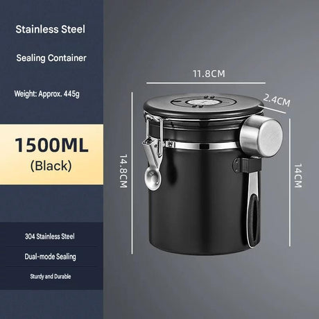Black 304 Stainless Steel Airtight Coffee Canister 1500ml Vacuum Seal Storage Jar with Date Tracker & Measuring Scoop for Coffee Beans Tea Storage