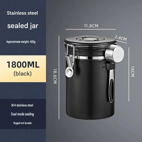 Black 304 Stainless Steel Airtight Coffee Canister 1800ml Vacuum Seal Storage Jar with Date Tracker & Measuring Scoop for Coffee Beans Tea Storage