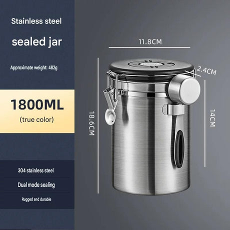Silver 304 Stainless Steel Airtight Coffee Canister 1800ml Vacuum Seal Storage Jar with Date Tracker & Measuring Scoop for Coffee Beans Tea Storage
