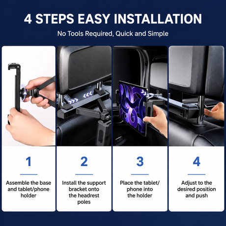 360° Rotating Car Back Seat Tablet & Phone Holder – Adjustable Headrest Mount for 4.7–12.9 Inch Devices, Universal Car Rear Entertainment Stand