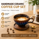 Blue Handmade Ceramic Coffee Cup Set with Walnut Coaster – Kiln-Glazed Espresso Mug 180ml, Premium Coffee & Tea Cup Gift Set