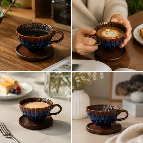 Blue Handmade Ceramic Coffee Cup Set with Walnut Coaster – Kiln-Glazed Espresso Mug 180ml, Premium Coffee & Tea Cup Gift Set
