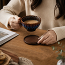 Blue Handmade Ceramic Coffee Cup Set with Walnut Coaster – Kiln-Glazed Espresso Mug 180ml, Premium Coffee & Tea Cup Gift Set