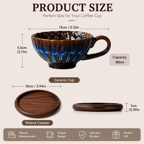 Blue Handmade Ceramic Coffee Cup Set with Walnut Coaster – Kiln-Glazed Espresso Mug 180ml, Premium Coffee & Tea Cup Gift Set