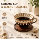 Brown and white Handmade Ceramic Coffee Cup Set with Walnut Coaster – Kiln-Glazed Espresso Mug 180ml, Premium Coffee & Tea Cup Gift Set