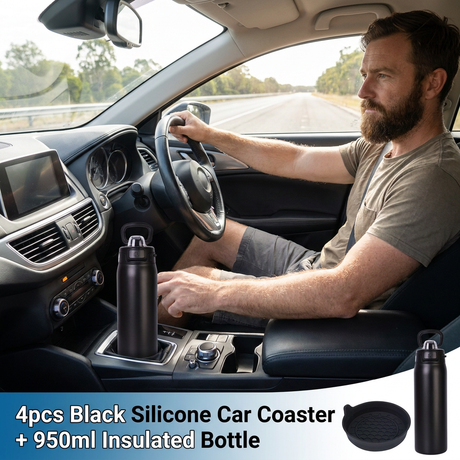 950ml Insulated Stainless Steel Bottle with 4PCS Silicone Anti-Slip Car Cup Coasters – Leakproof Travel Drink Set for Car & Home Use