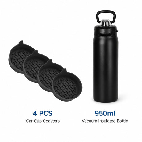 950ml Insulated Stainless Steel Bottle with 4PCS Silicone Anti-Slip Car Cup Coasters – Leakproof Travel Drink Set for Car & Home Use