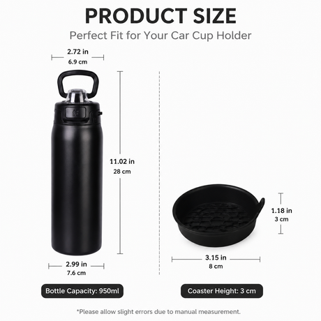 950ml Insulated Stainless Steel Bottle with 4PCS Silicone Anti-Slip Car Cup Coasters – Leakproof Travel Drink Set for Car & Home Use