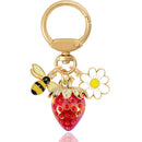 Red Strawberry Bee Daisy Keychain - Gold Metal Ring with Rhinestone Fruit Charm, Cute Bag Accessory for Women and Girls