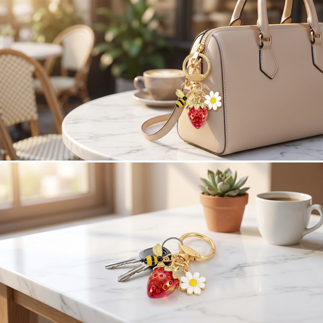 Red Strawberry Bee Daisy Keychain - Gold Metal Ring with Rhinestone Fruit Charm, Cute Bag Accessory for Women and Girls
