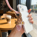 Crystal Pink Strawberry Bee Daisy Keychain - Gold Metal Ring with Rhinestone Fruit Charm, Cute Bag Accessory for Women and Girls